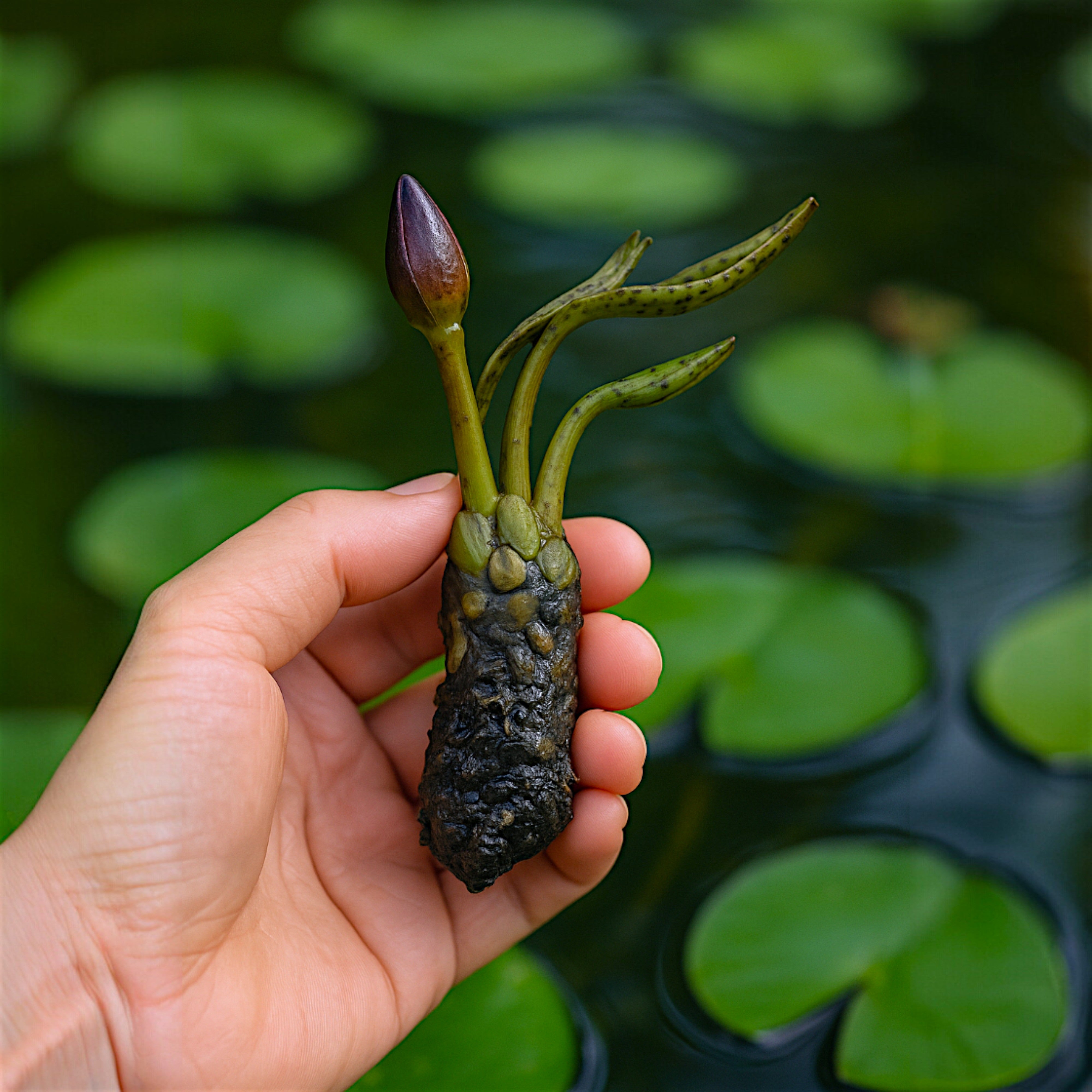 Aquarium Plants Factory tropical water lily tuber rhizome showing sprouting leaves and roots, prepared for aquatic planting in pond or aquascape.