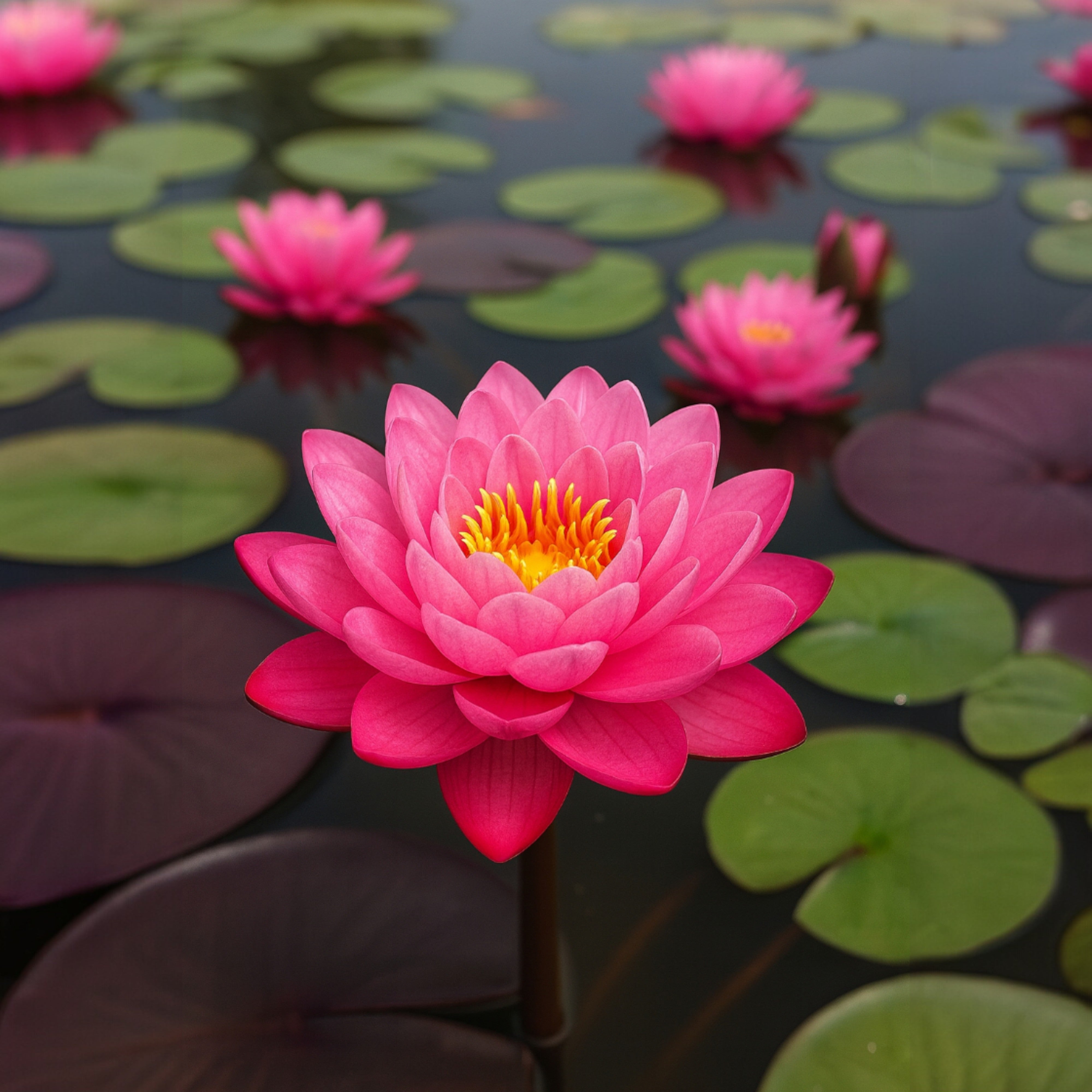 Perry’s Fire Opal water lily with layered pink petals and yellow center on green lily pads