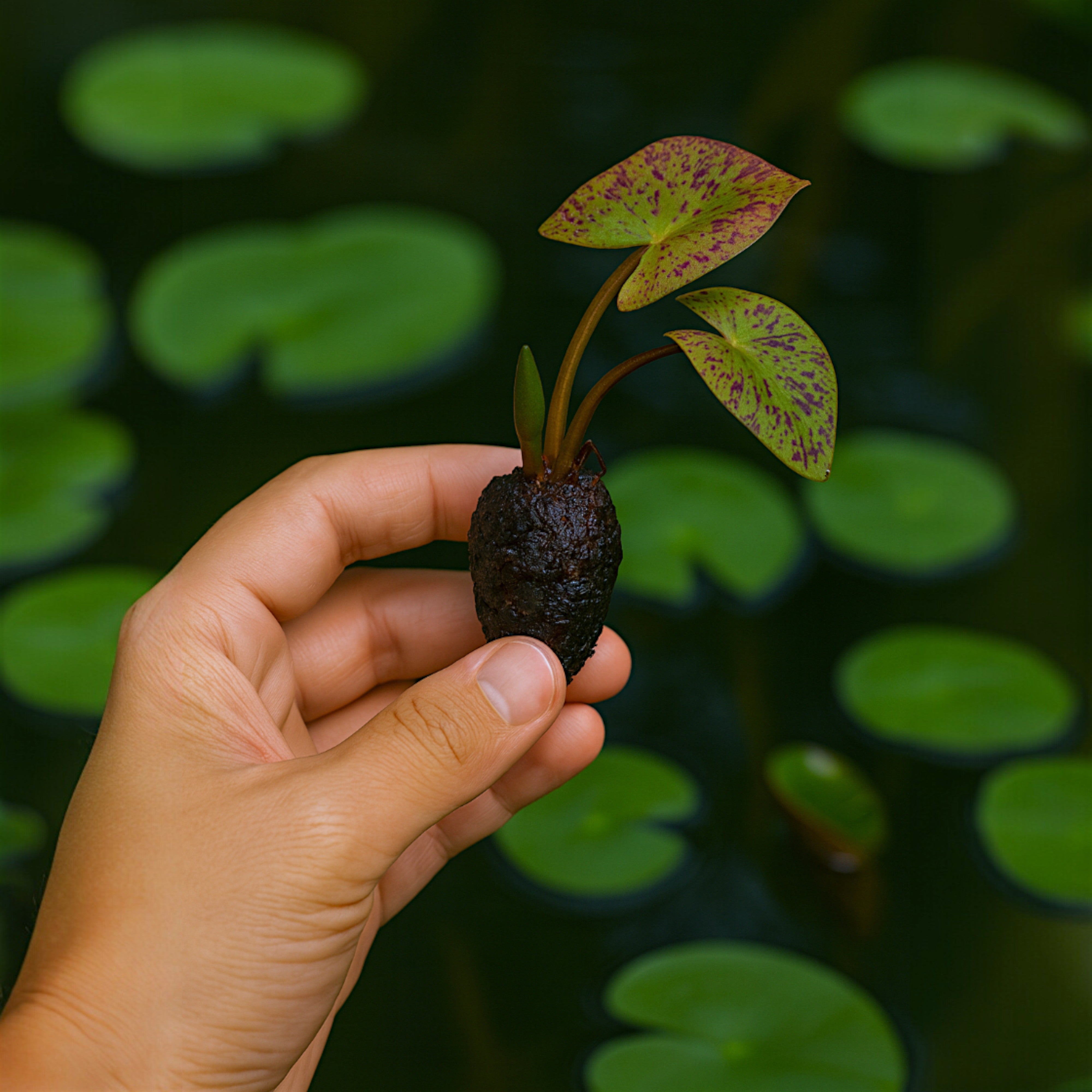 Close-up of a healthy tropical water lily rhizome with new leaf shoots, ready for pond or water garden, by Aquarium Plants Factory.