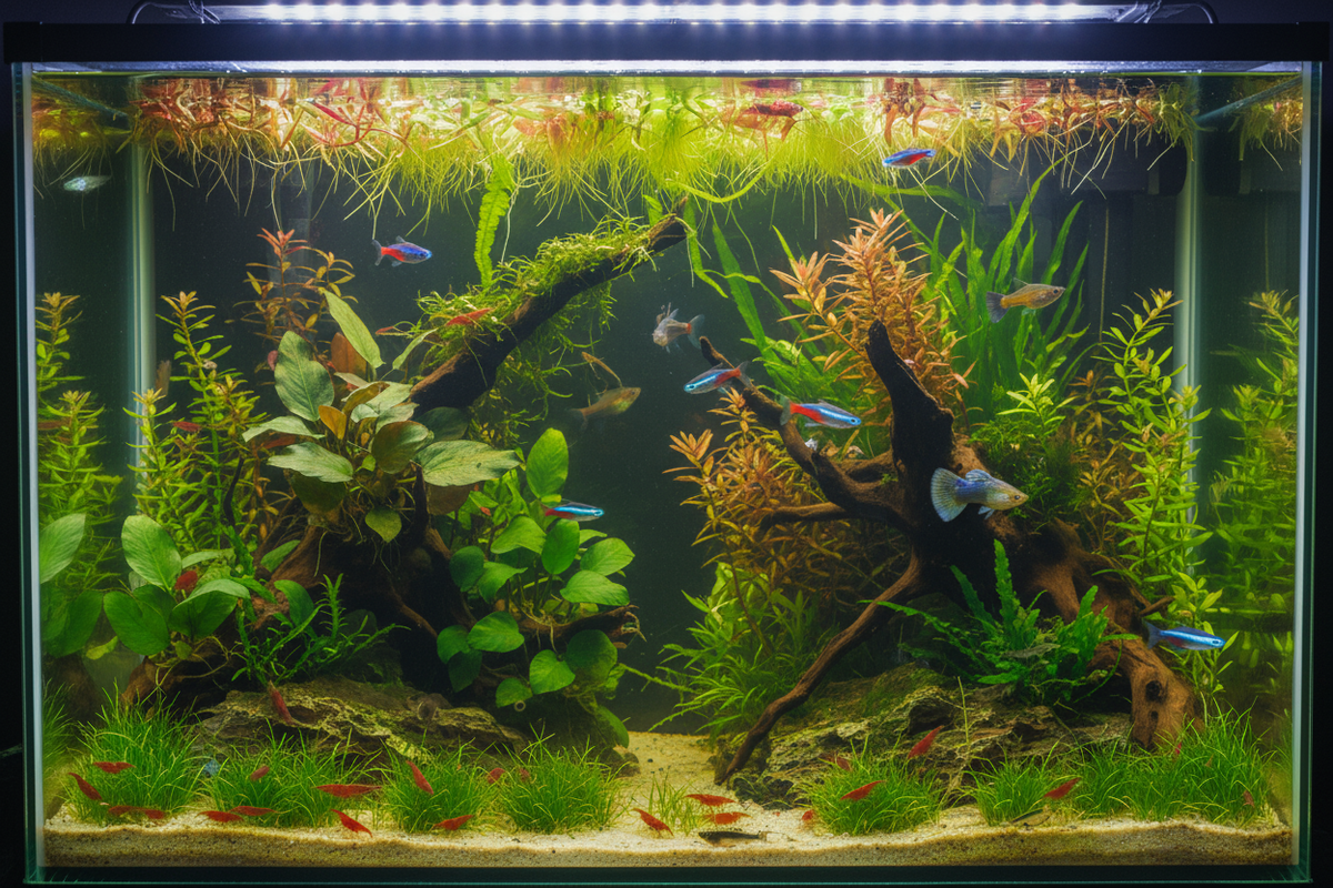 Freshwater fish and shrimp swimming in a planted community aquarium