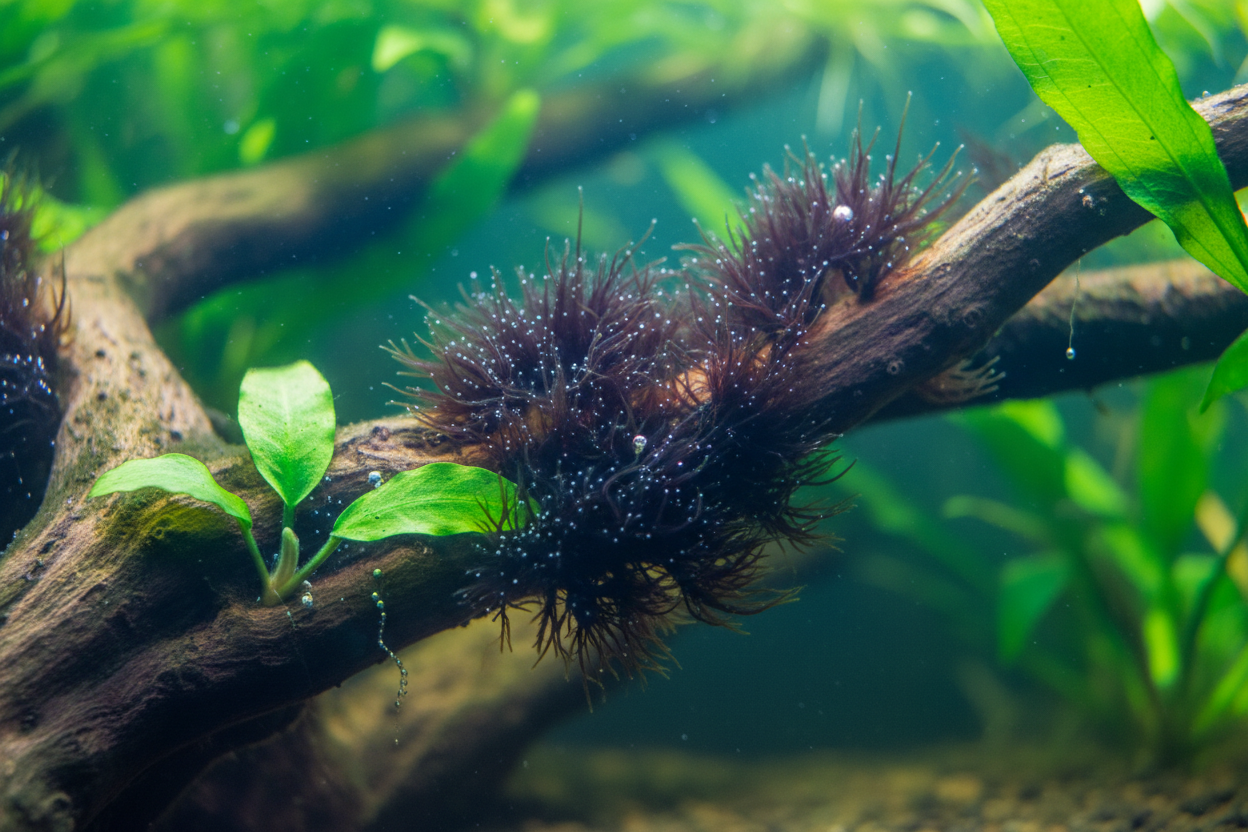 Black Beard Algae growing on aquarium plant leaves and hardscape