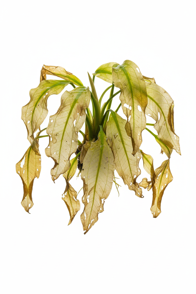 Melted Cryptocoryne with translucent leaves after planting, shown on a white background