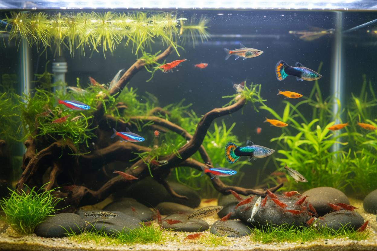 Nano fish and shrimp in a small planted aquarium