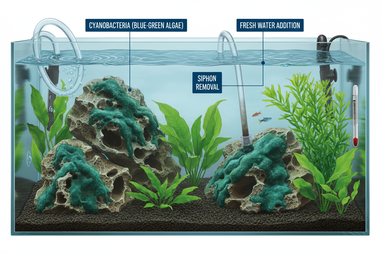 Blue-green slime algae (cyanobacteria) coating substrate and plants in an aquarium