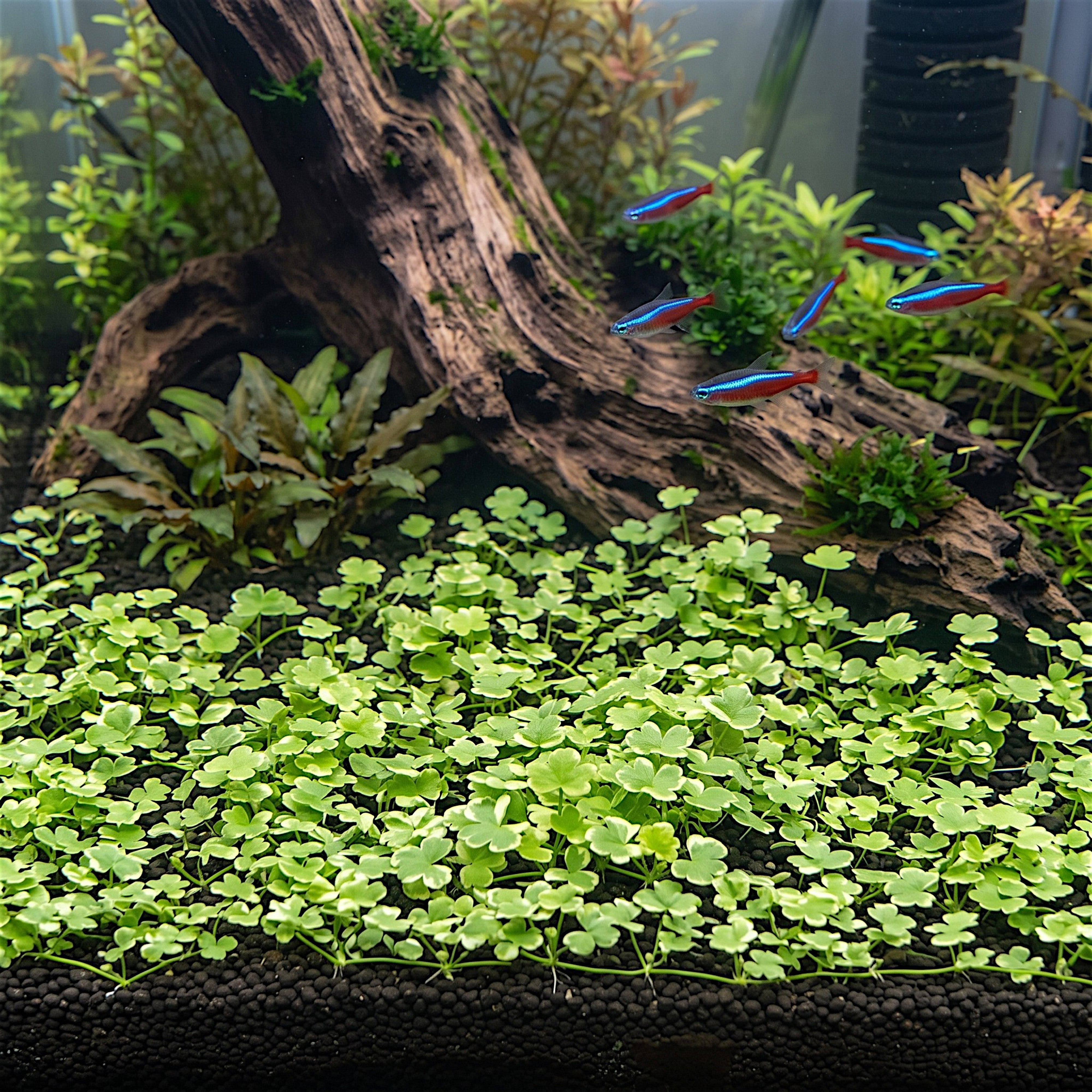 Lush foreground carpet of Hydrocotyle Tripartita Mini Variegated in a planted freshwater aquarium.