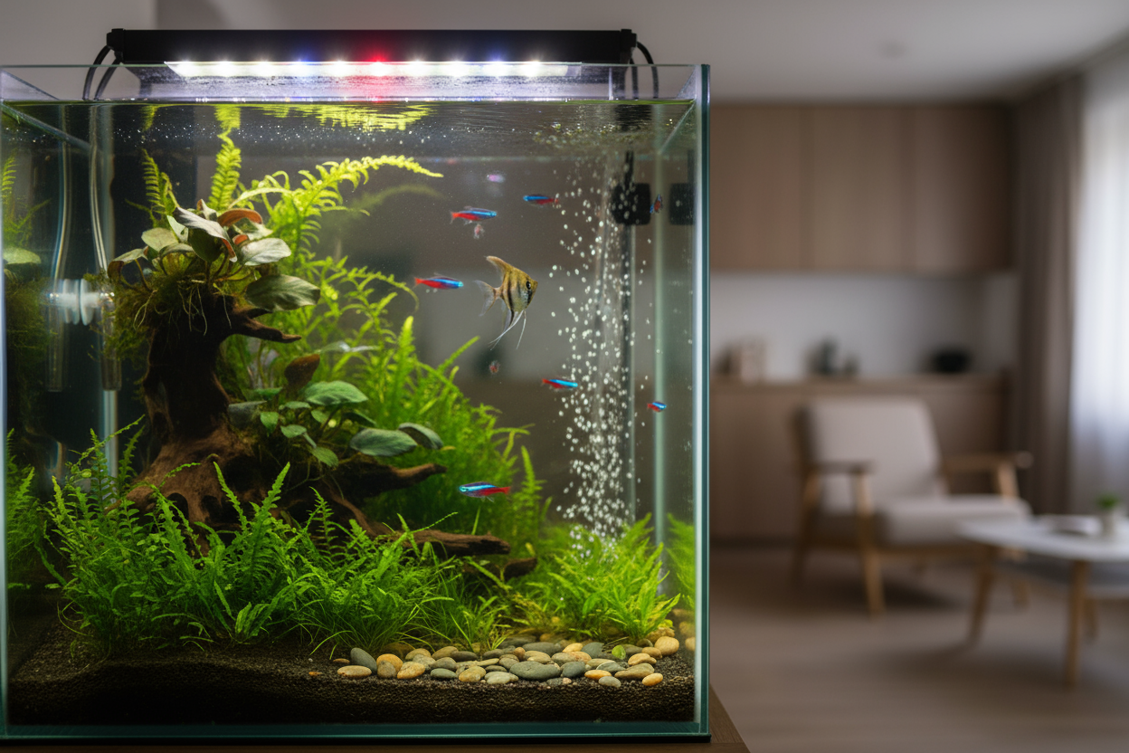 Planted aquarium with filter and water outlet, illustrating common sources of tank noise