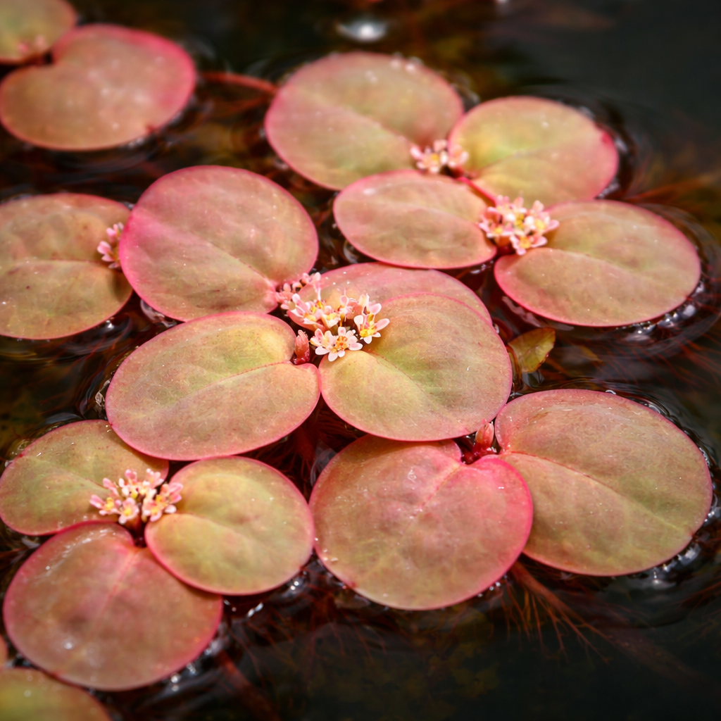 Red Root Floater Phyllanthus fluitans showing red leaves and red roots