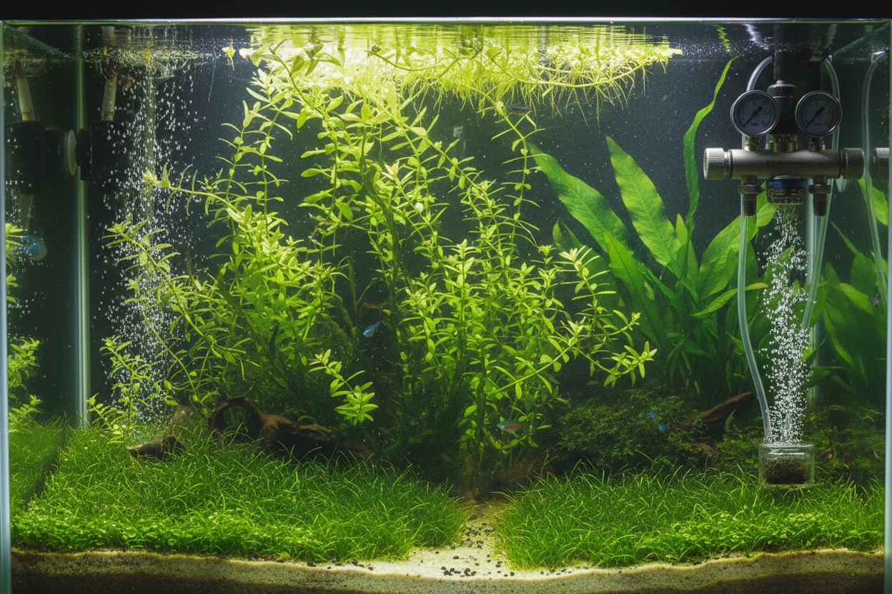 Planted aquarium with oxygen bubbles on leaves from photosynthesis under CO2 injection