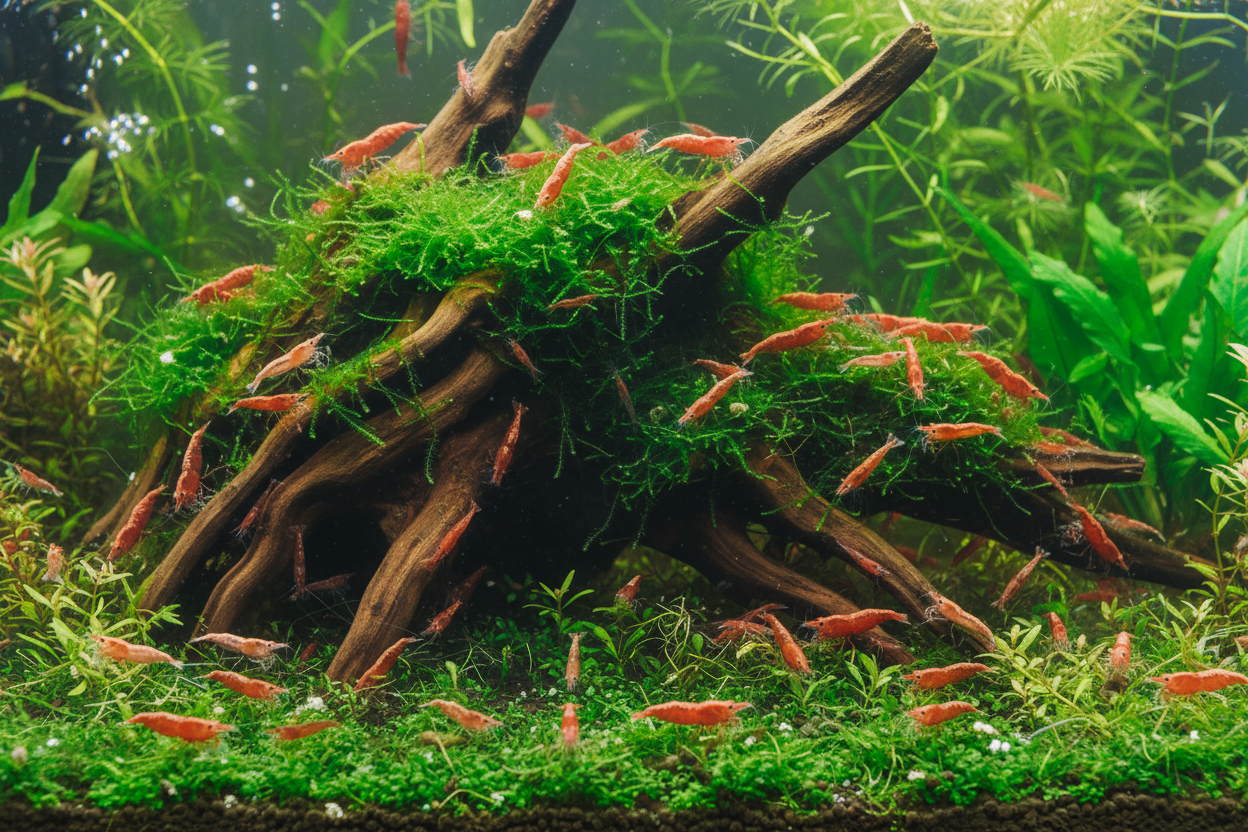 Red Cherry Shrimp grazing on aquarium plants