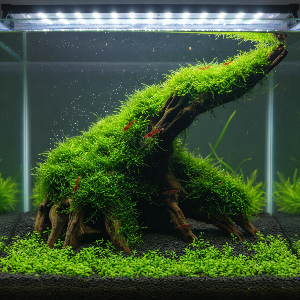Lush green Java Moss growing on natural driftwood in a rimless aquarium with Red Cherry Shrimp.