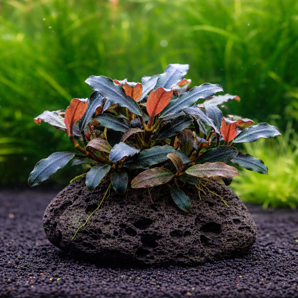 Premium Bucephalandra plant with dark iridescent leaves attached to natural volcanic lava rock.