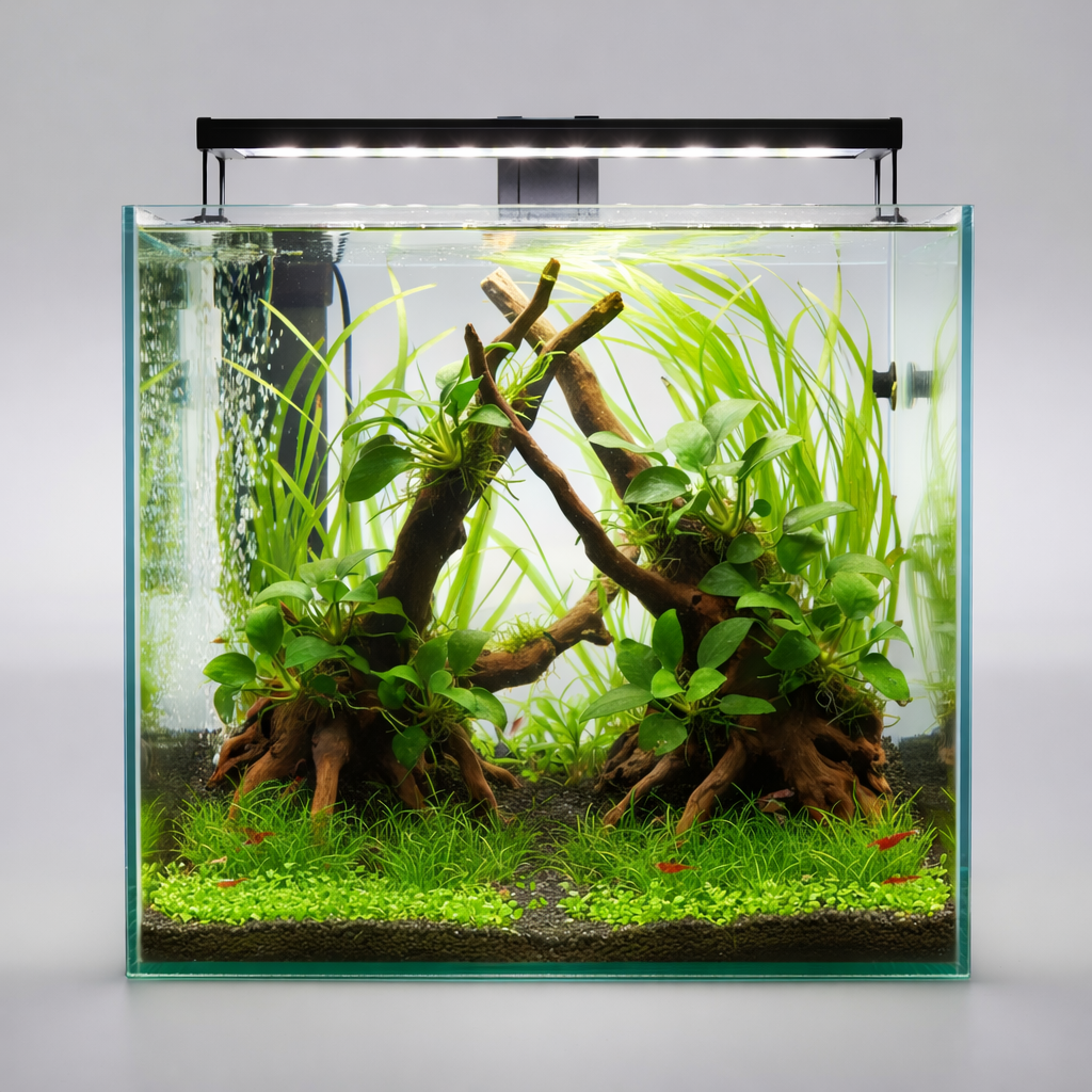 Lush freshwater planted aquarium featuring beginner-friendly plants like Anubias and Java Fern attached to natural driftwood.