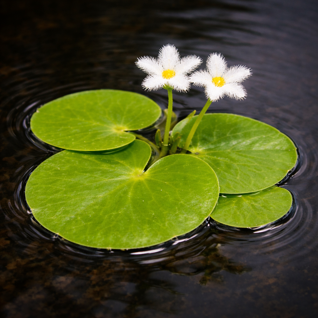 Giant Water Snowflake (Nymphoides indica) floating aquarium plant with large, round green lily-like leaves and a delicate white star-shaped fringed flower.