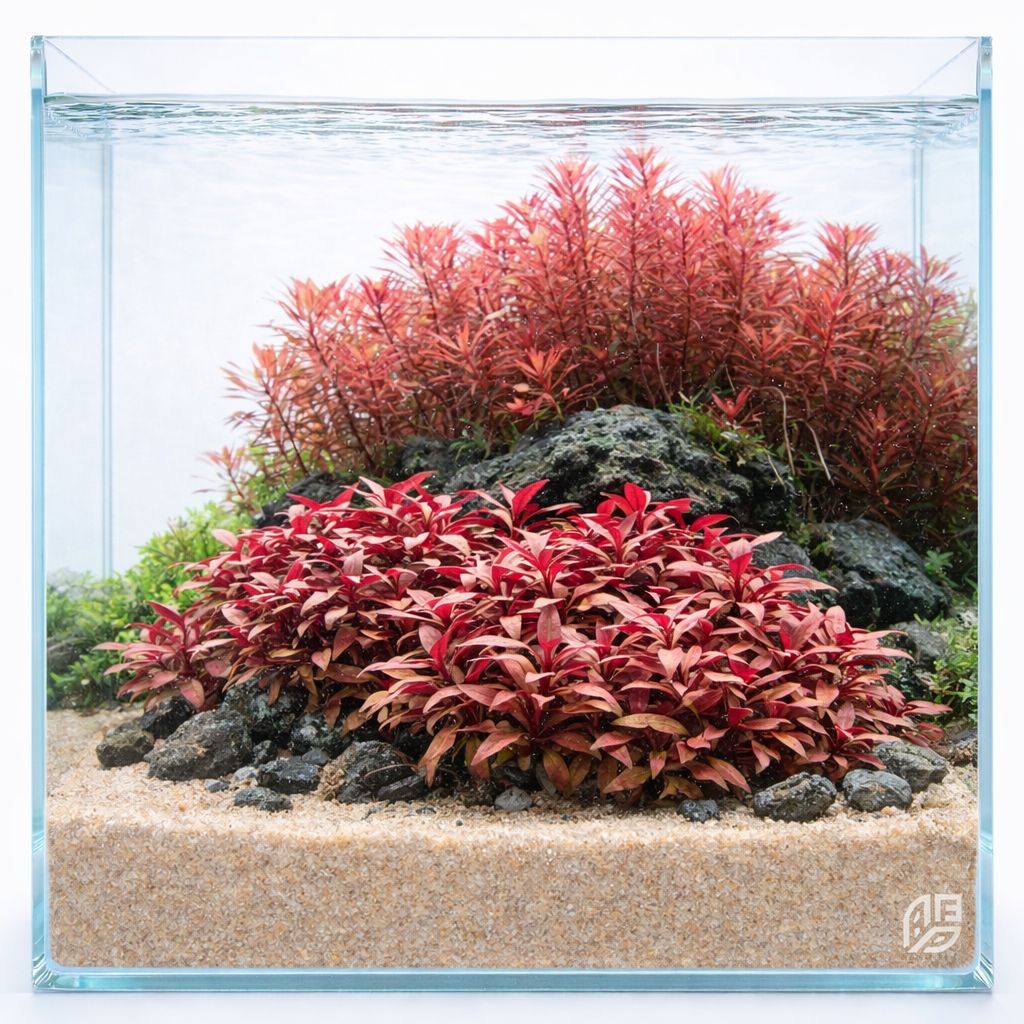 A vibrant cluster of Alternanthera Reineckii 'Mini' (ARM) showcasing its signature intense red and burgundy leaves, used as a foreground accent in a professional aquascape.