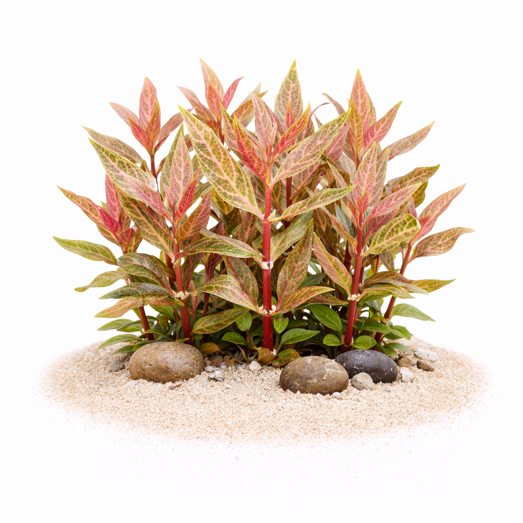 Healthy emerged stems of Alternanthera Rosanervig showing thick, robust stalks ideal for transitioning to submerged aquarium growth.