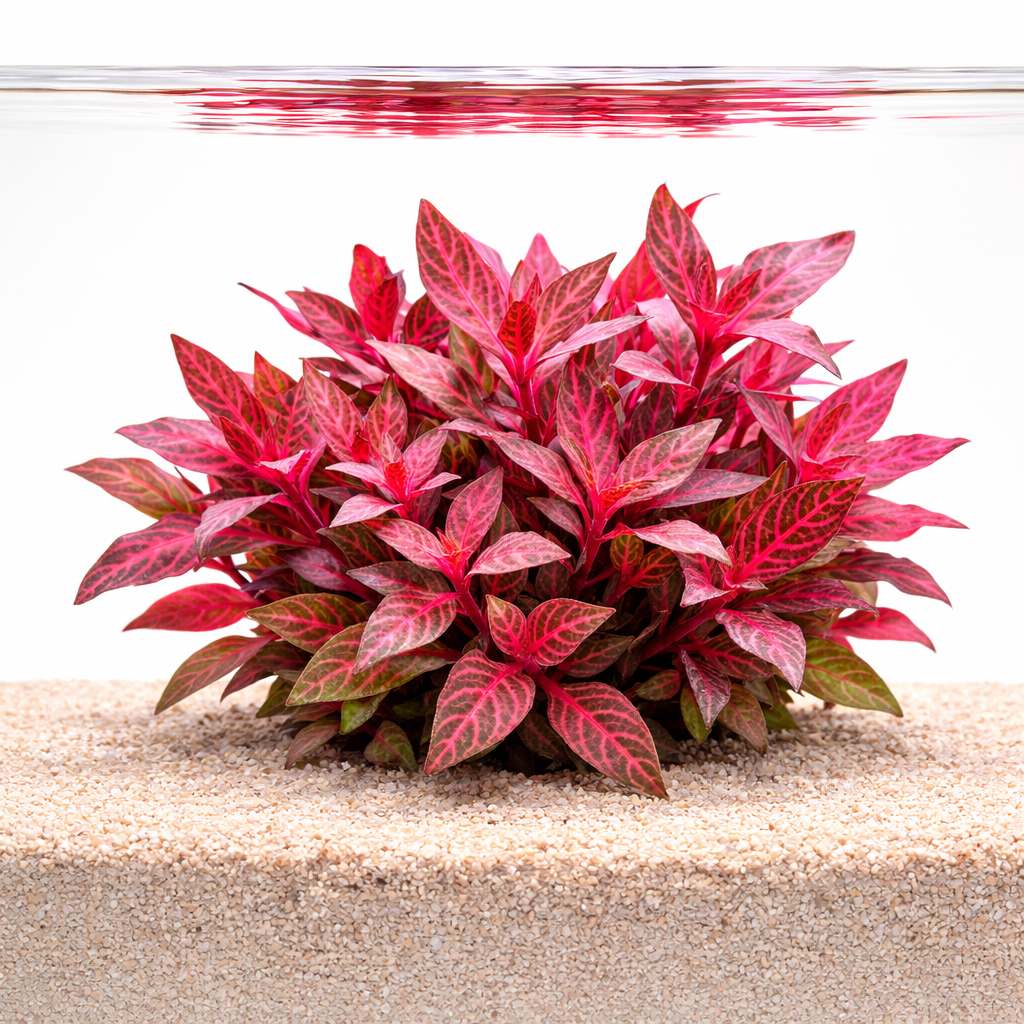 Alternanthera Rosanervig Mini red aquarium plant growing in sandy substrate with waterline reflection on white background.