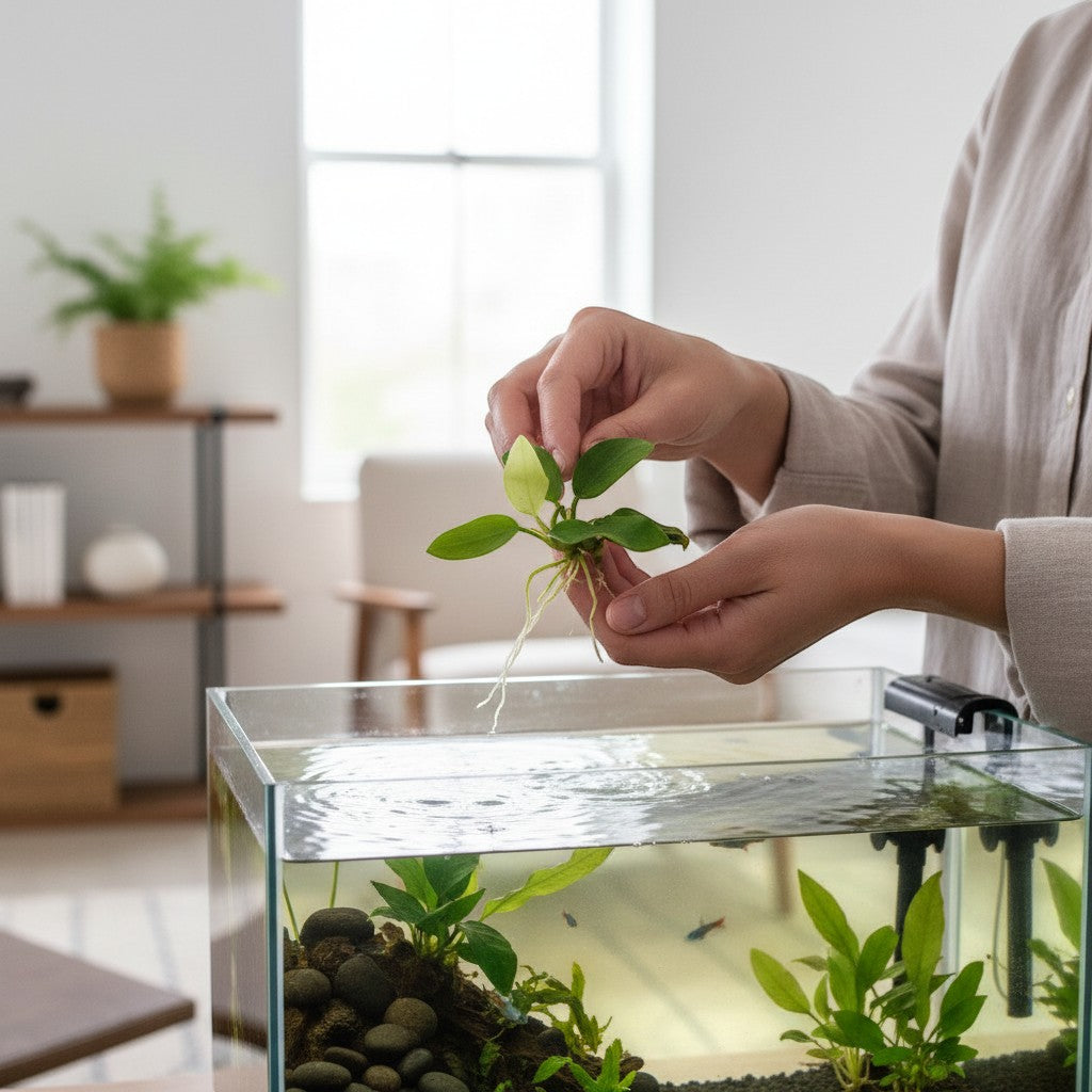 Aquarium Plants Factory Anubias Golden Nana aquarium plant with bright golden-green leaves and white roots, being placed into a small aquarium.
