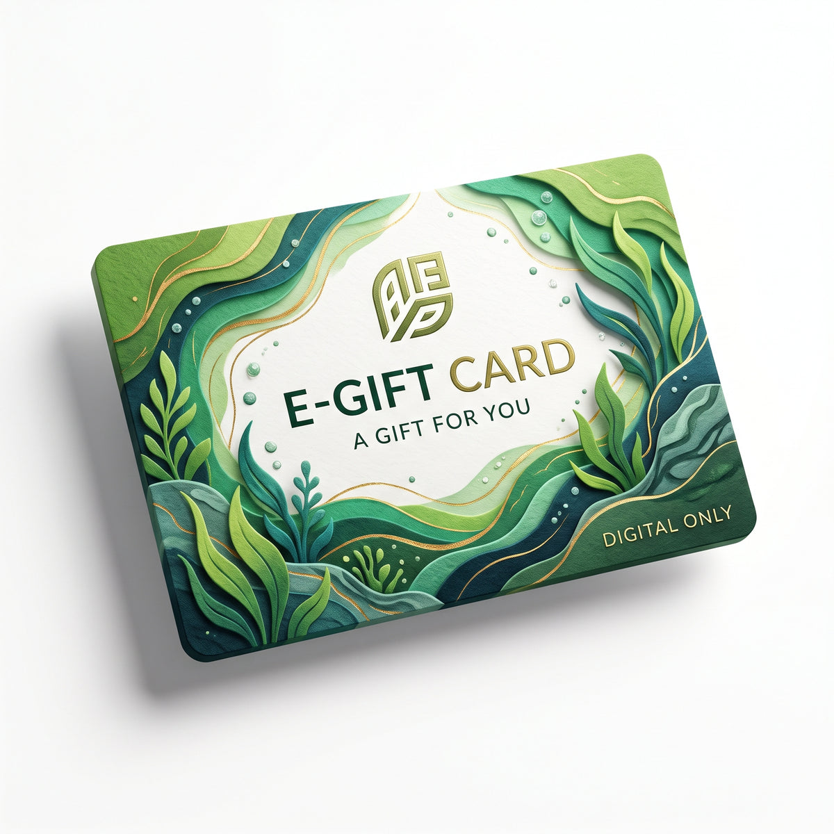 Aquarium Plants Factory digital e-gift card with a green and teal abstract leaf design, featuring a gold logo and the text 'E-GIFT CARD' and 'DIGITAL ONLY' on a clean white background.