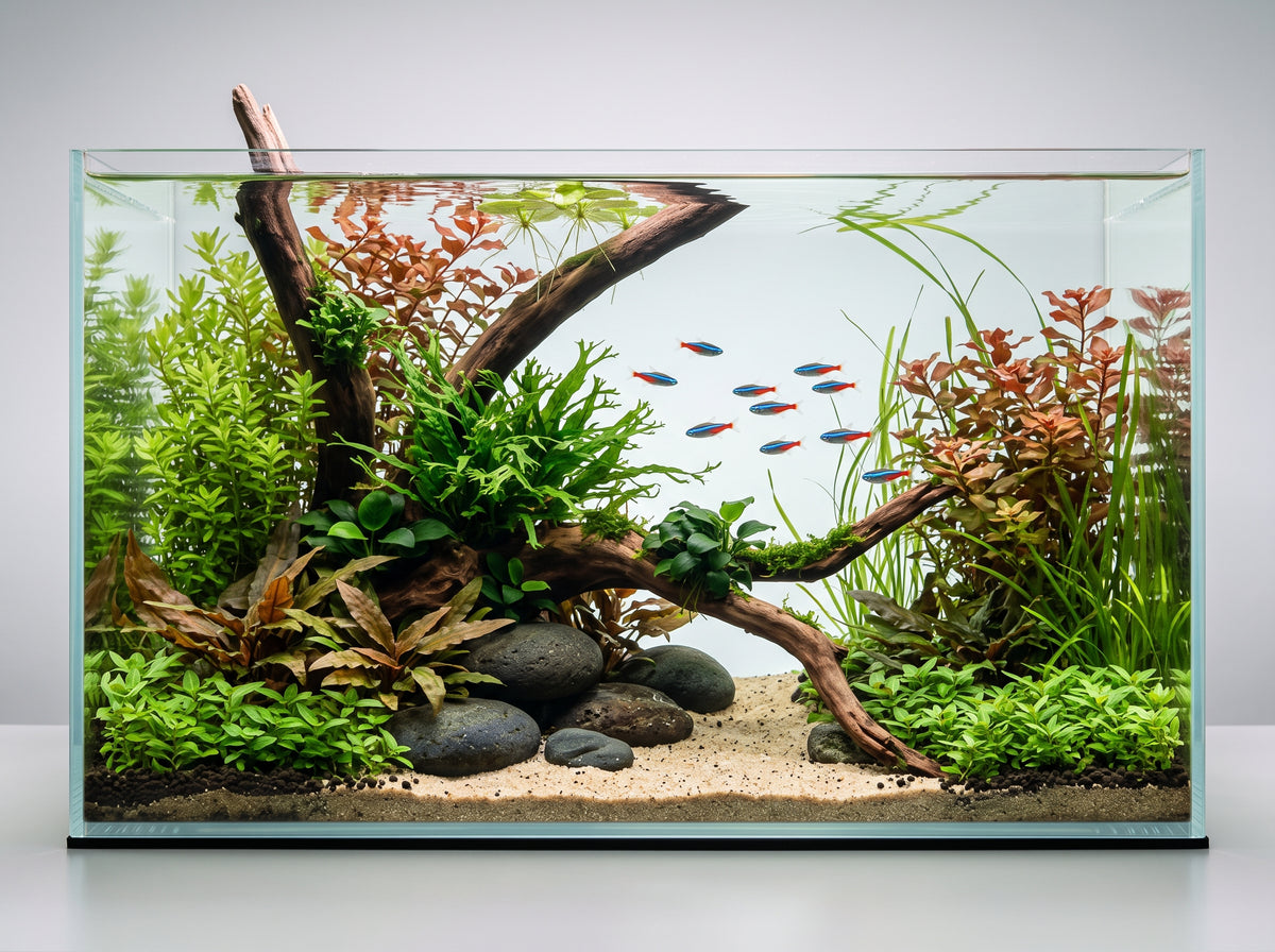 10-gallon Easy Jungle aquascape with driftwood, Java fern, Anubias, Cryptocoryne wendtii, Rotala, Ludwigia repens, Vallisneria and a Staurogyne repens foreground