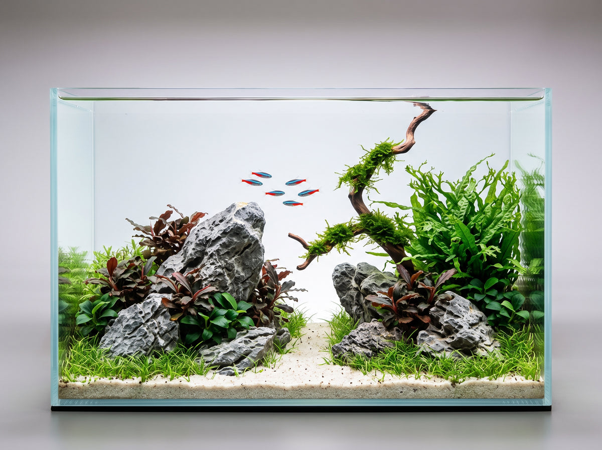 5-gallon Mossy Stone nano aquascape with gray stones, red Bucephalandra, Anubias petite, Java fern, moss on driftwood and a low Cryptocoryne parva carpet