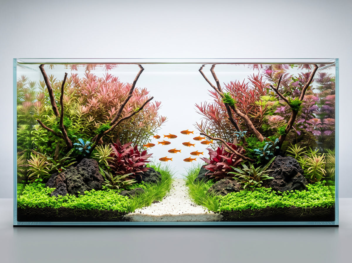 20-gallon long Nature Valley aquascape with red Rotala, Ludwigia arcuata and Alternanthera reineckii mini framing a sand path, lava rock and a Monte Carlo carpet