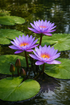Close-up of an August Koch water lily showing its unique wisteria-blue to violet petals and golden-yellow stamen, a classic day-blooming tropical variety.