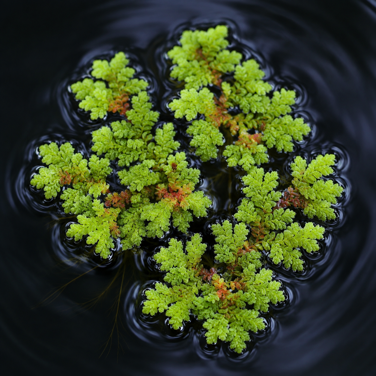 Azolla caroliniana (Fairy Moss) floating on dark water with vibrant green fern-like fronds forming natural clusters.