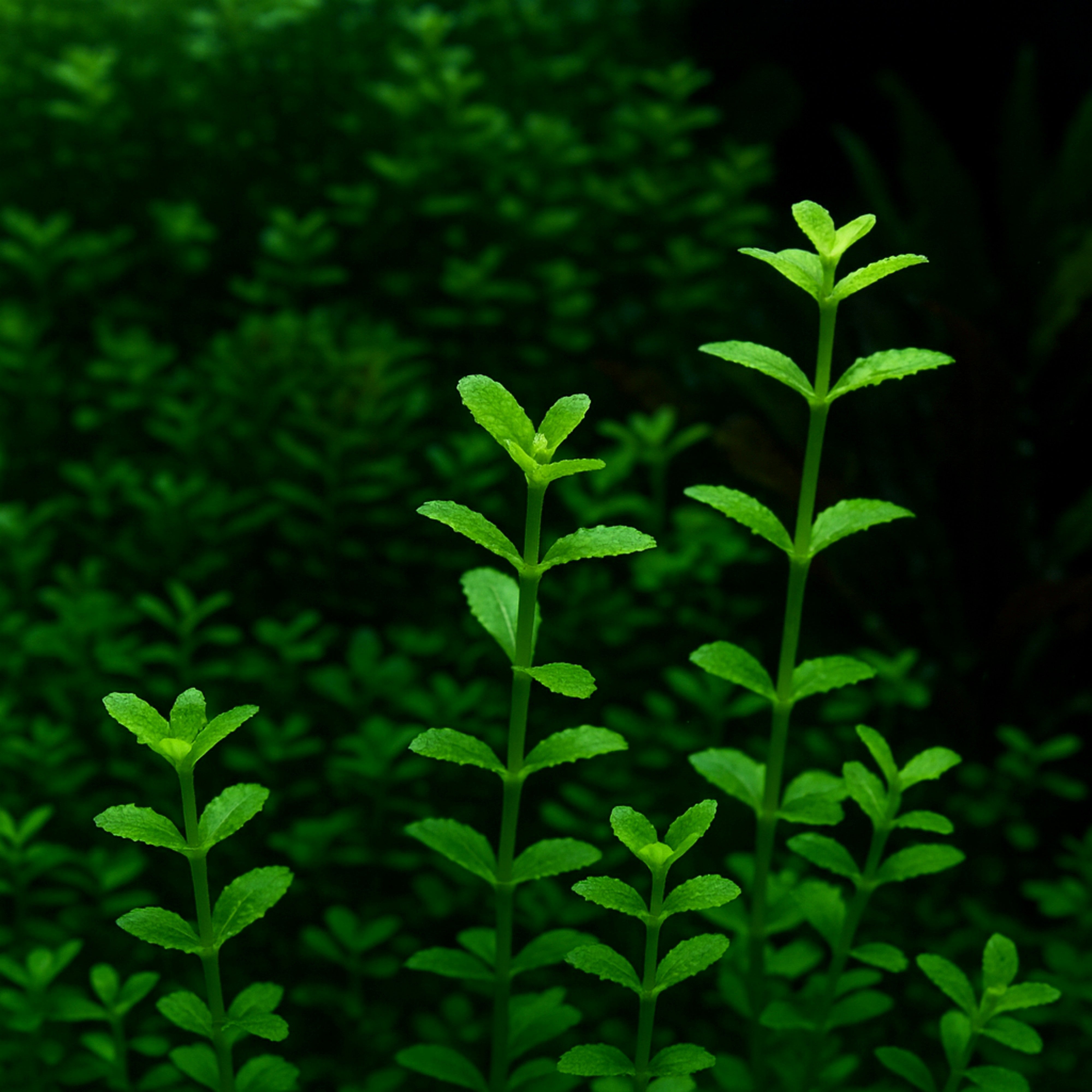 Bacopa monnieri 'Serrata' aquarium plant with slightly serrated green leaves in aquascape