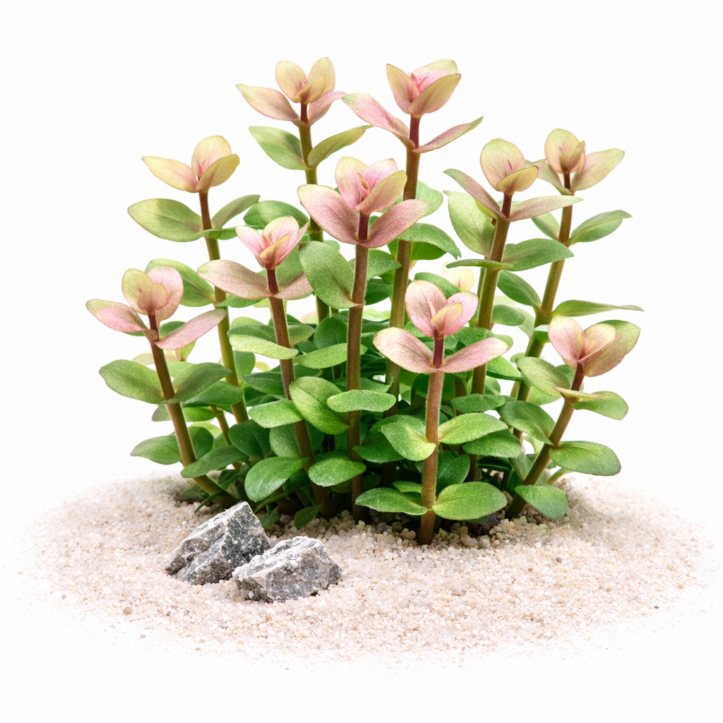 A cluster of pink Bacopa salzmannii stems used as a colorful midground accent in a planted tank.