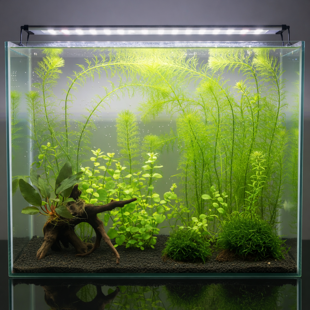 Aquarium with green plants and a piece of driftwood under a light fixture.