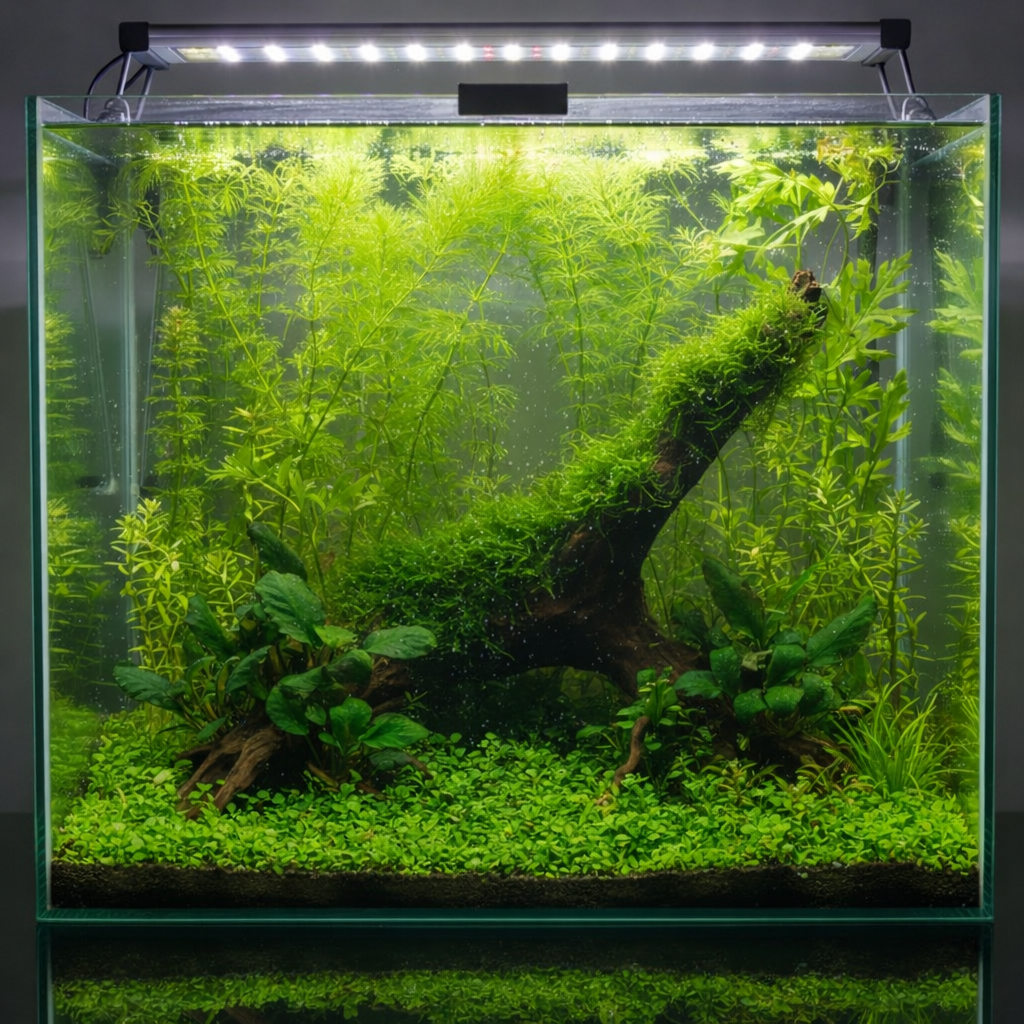 Heavily planted beginner jungle aquarium featuring a moss-covered driftwood centerpiece, Anubias, and tall background stem plants in a low-maintenance setup