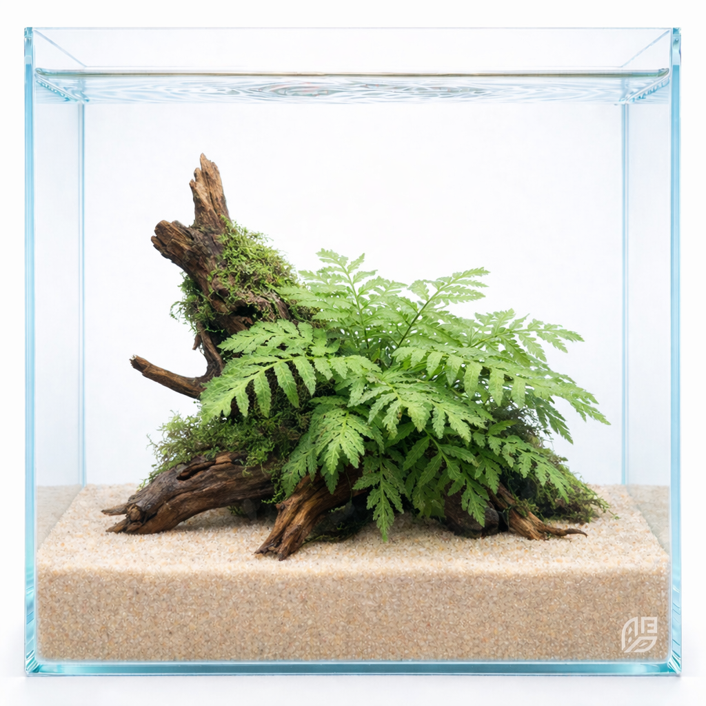 Bolbitis heudelotii African water fern attached to driftwood aquascape plant with sand substrate in aquarium on white background