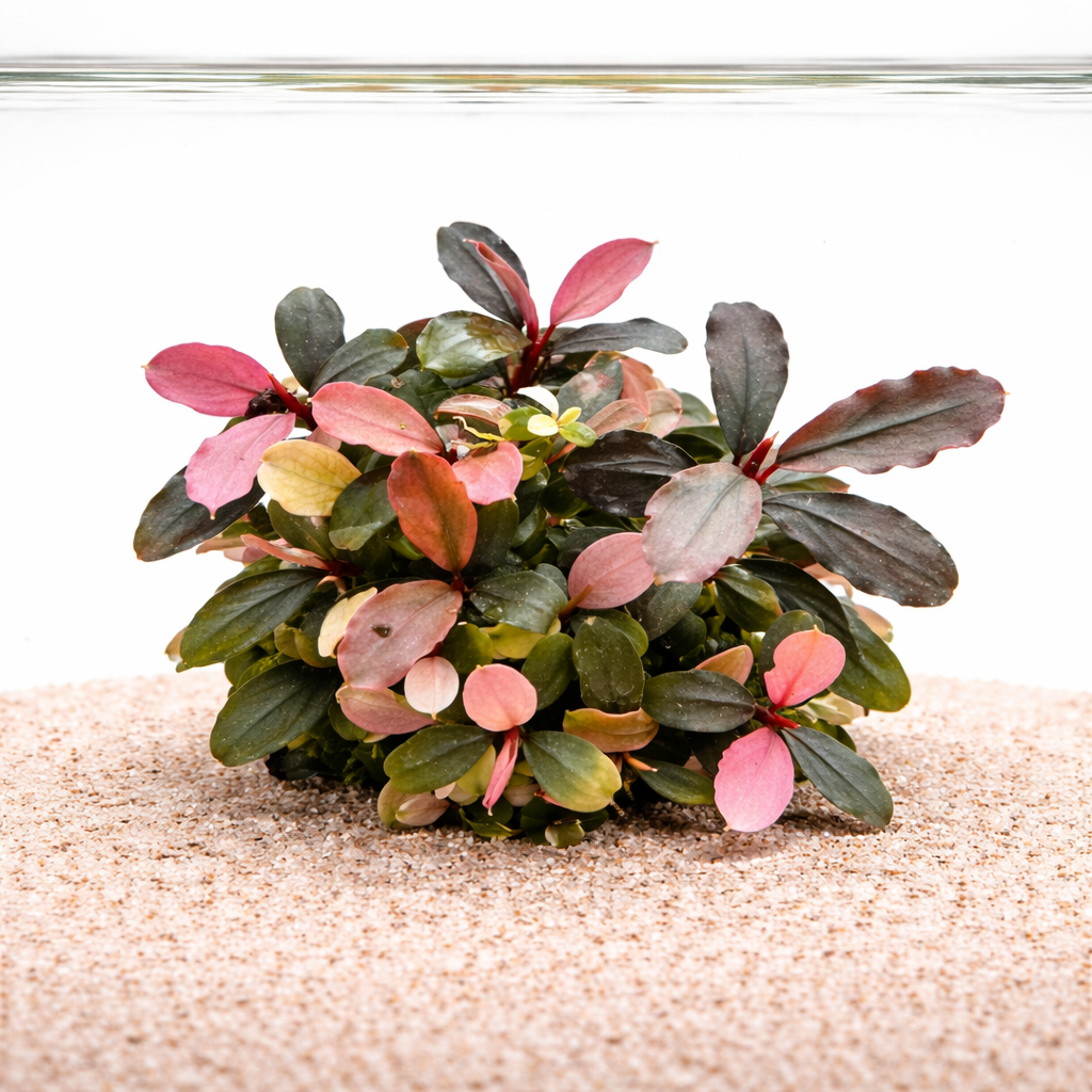 Bucephalandra Pink Malawi aquarium plant with compact growth and oval leaves displaying pink, red, and deep green tones growing on sandy aquarium substrate.