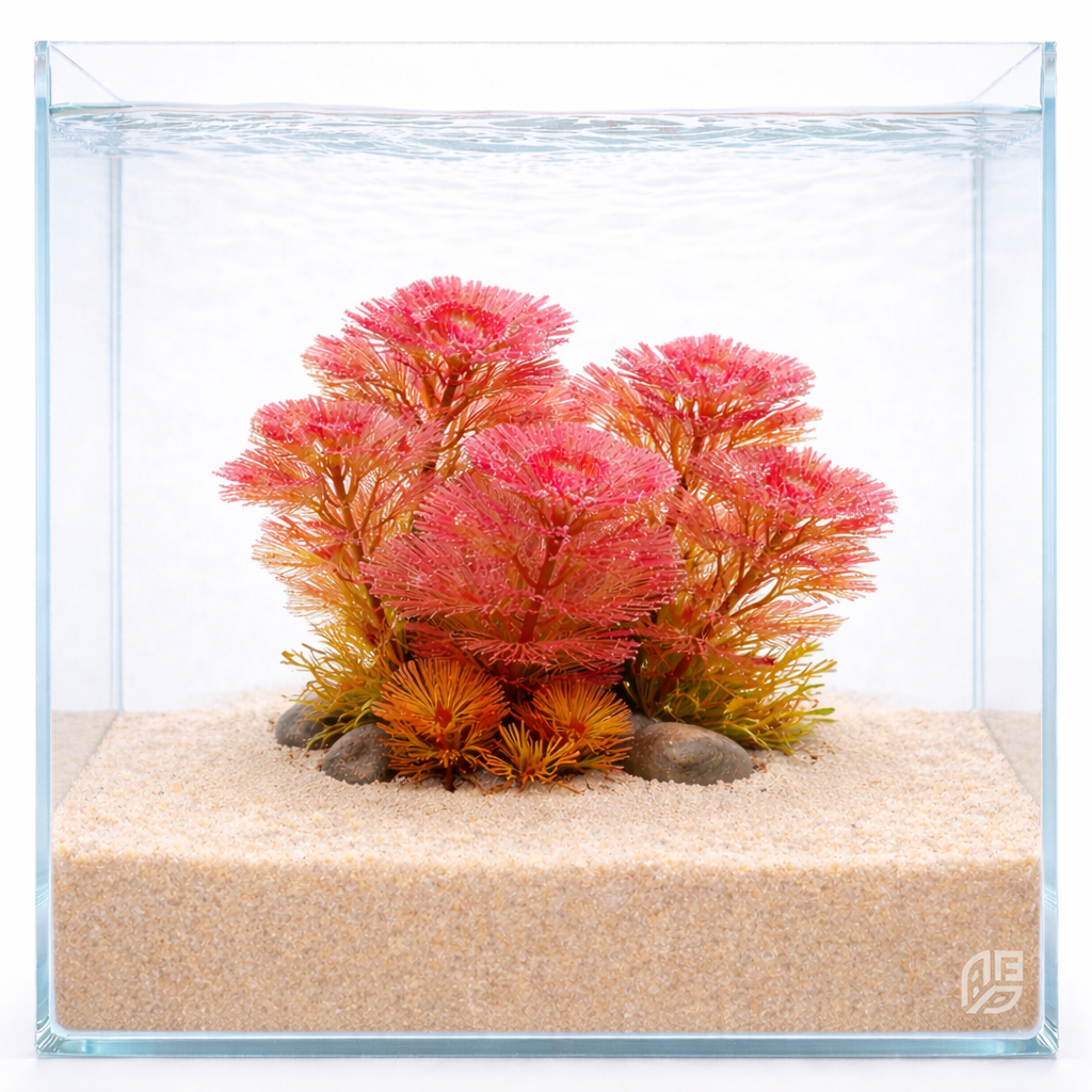 Close-up of the delicate, fan-shaped leaf structure of Cabomba furcata showing vibrant pink and sunset-orange hues.