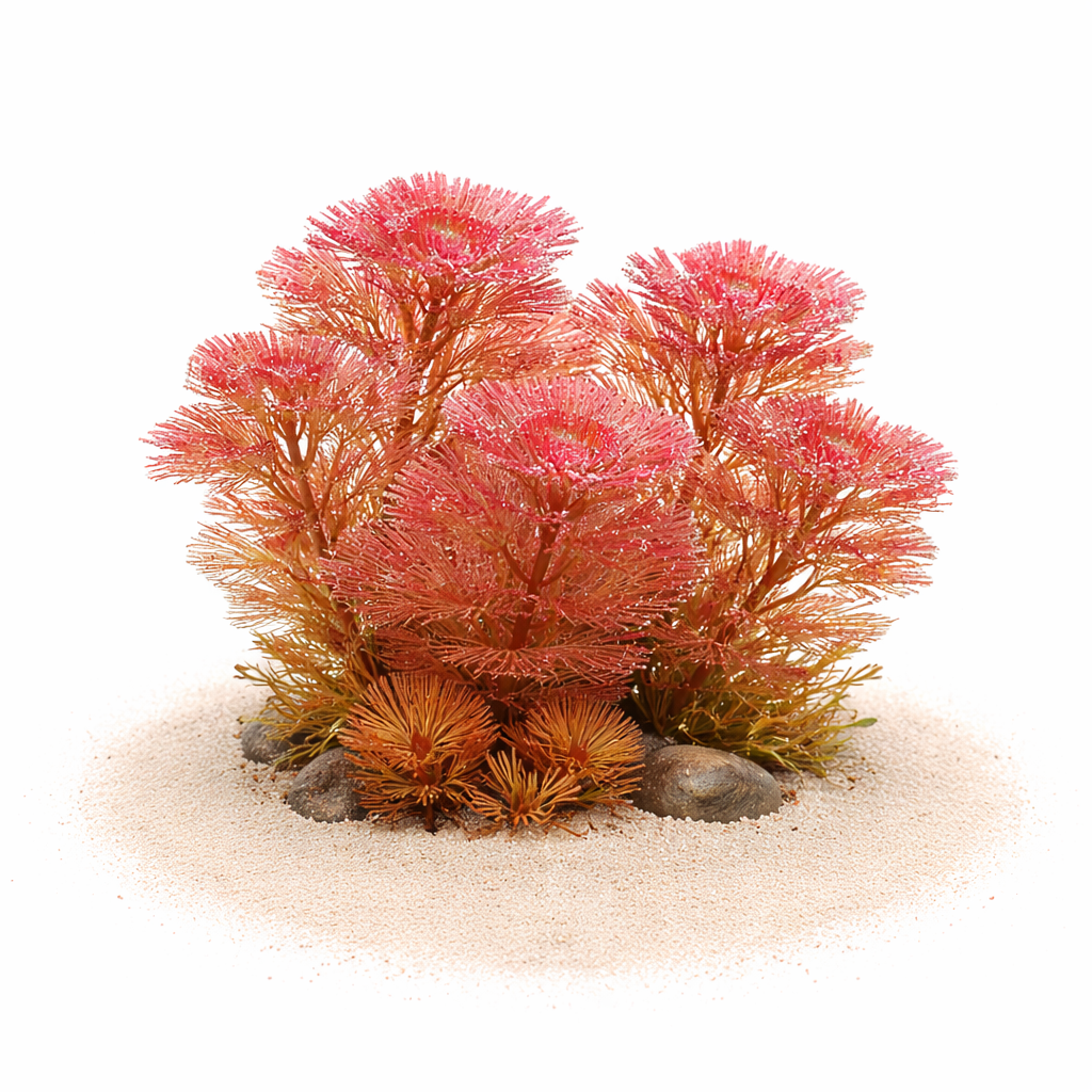 Close-up of the delicate, fan-shaped leaf structure of Cabomba furcata showing vibrant pink and sunset-orange hues.