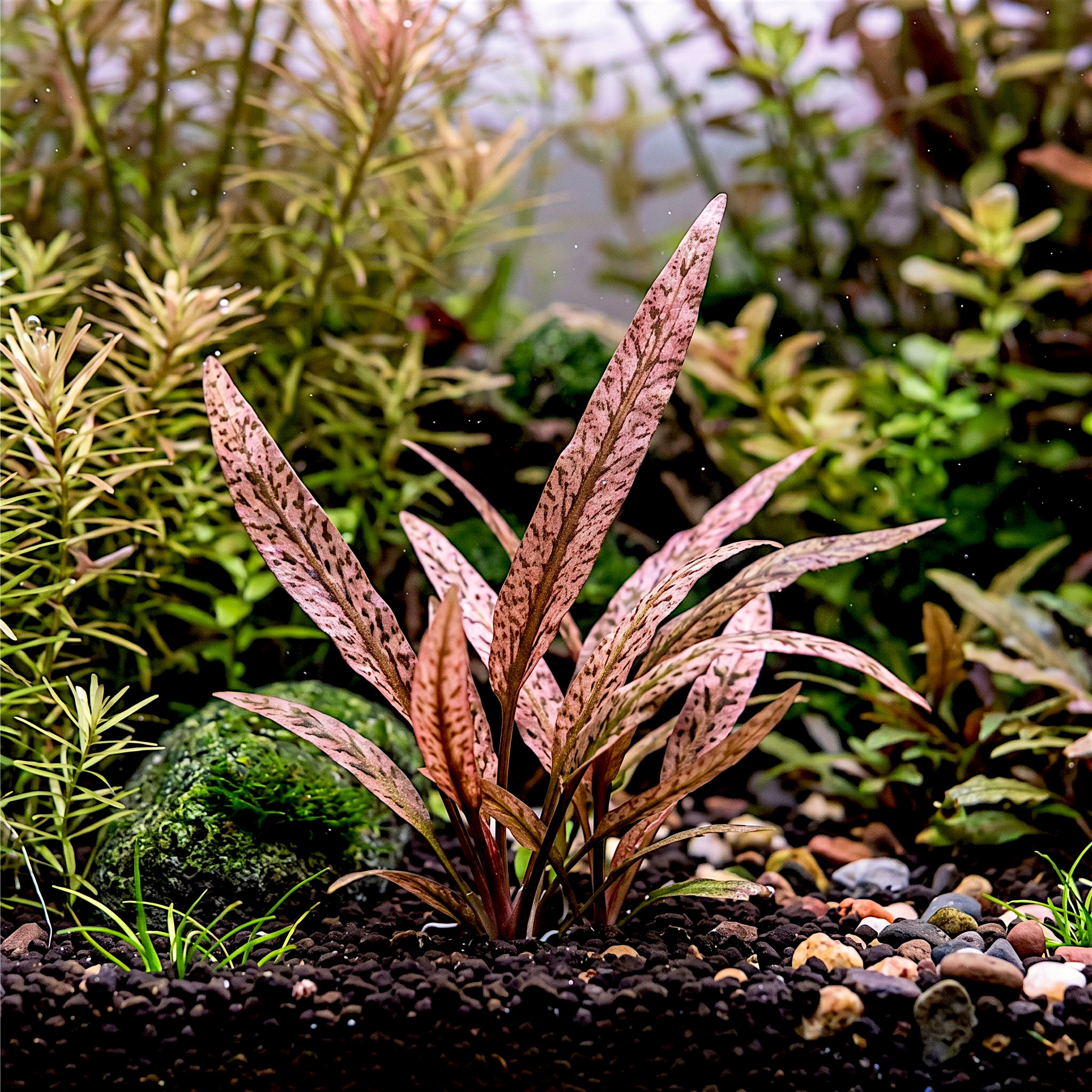 A close-up of a Cryptocoryne Spiralis Tiger aquatic plant underwater, featuring long, narrow leaves with dark tiger striping over a reddish-brown and olive base.