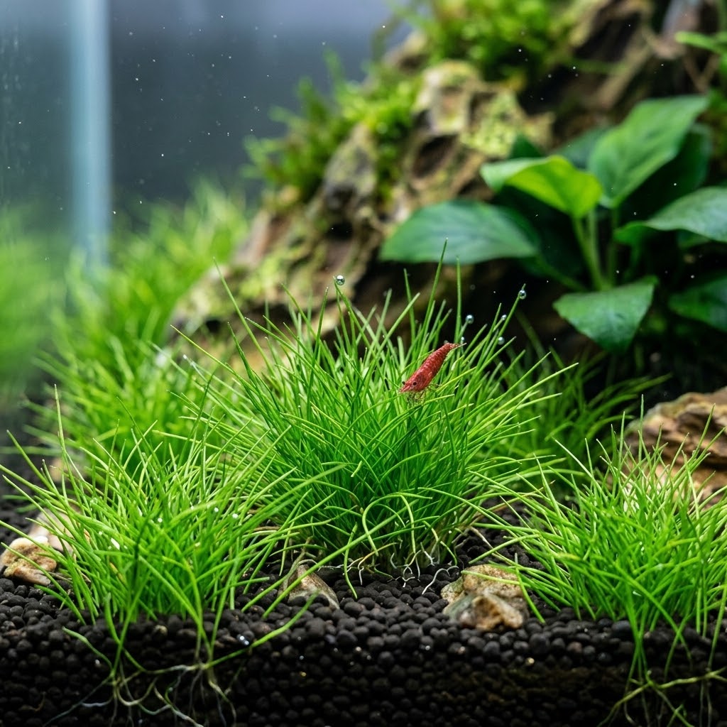 A bulk pack of bright green Dwarf Hairgrass (Eleocharis pusilla) clumps, ready to be separated and planted to create a dense foreground carpet in a freshwater aquarium.