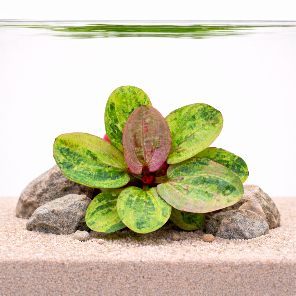 Echinodorus Rainbow variegated aquarium plant with green and pink marble leaves growing in sand substrate with small rocks under water.