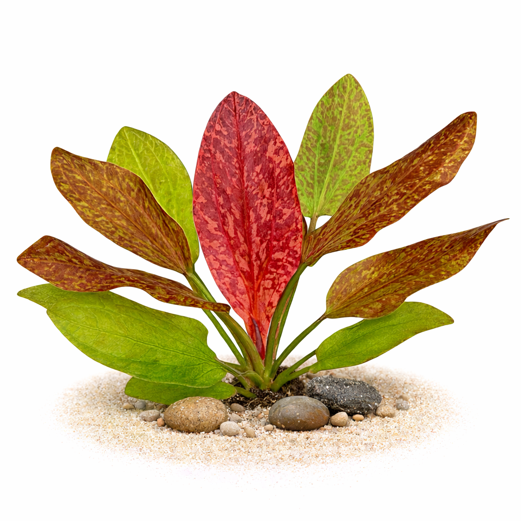 A healthy, established Echinodorus Red Flame showing vibrant red new growth and broad variegated foliage in a planted tank.