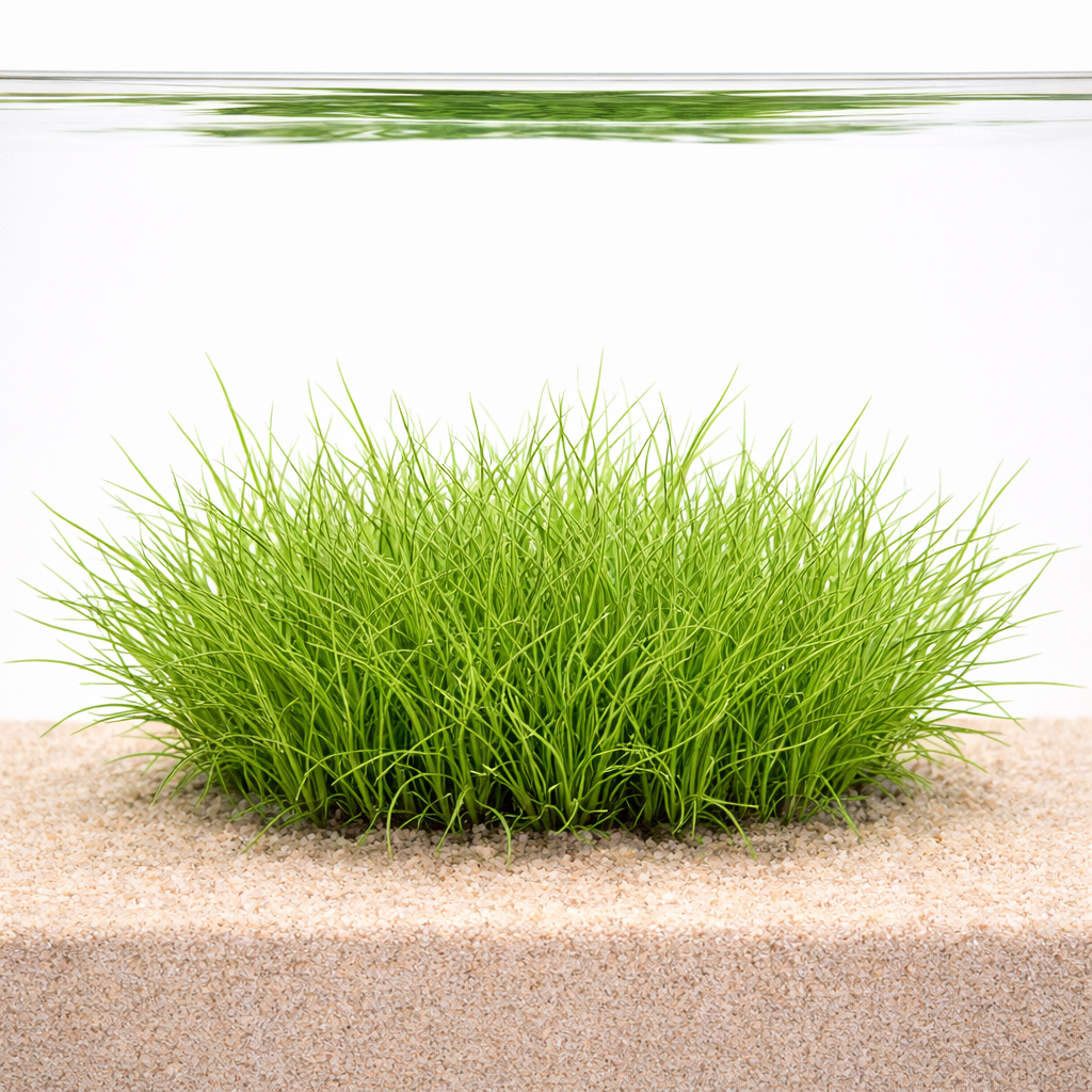 Eleocharis acicularis dwarf hairgrass forming a dense green carpet foreground plant in a planted aquarium.