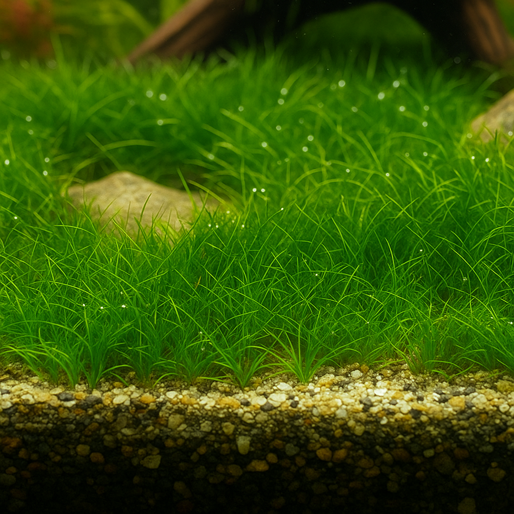 Eleocharis sp. Mini (Dwarf Hairgrass) – compact bright green carpeting aquarium plant in Vitro Culture cup, grown in nutrient gel for clean, pest-free growth; ideal for aquascaping foregrounds