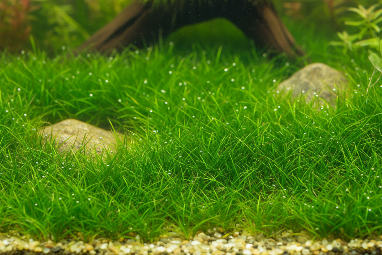 Eleocharis sp. Mini forming a bright green carpet in aquascaped aquarium foreground.