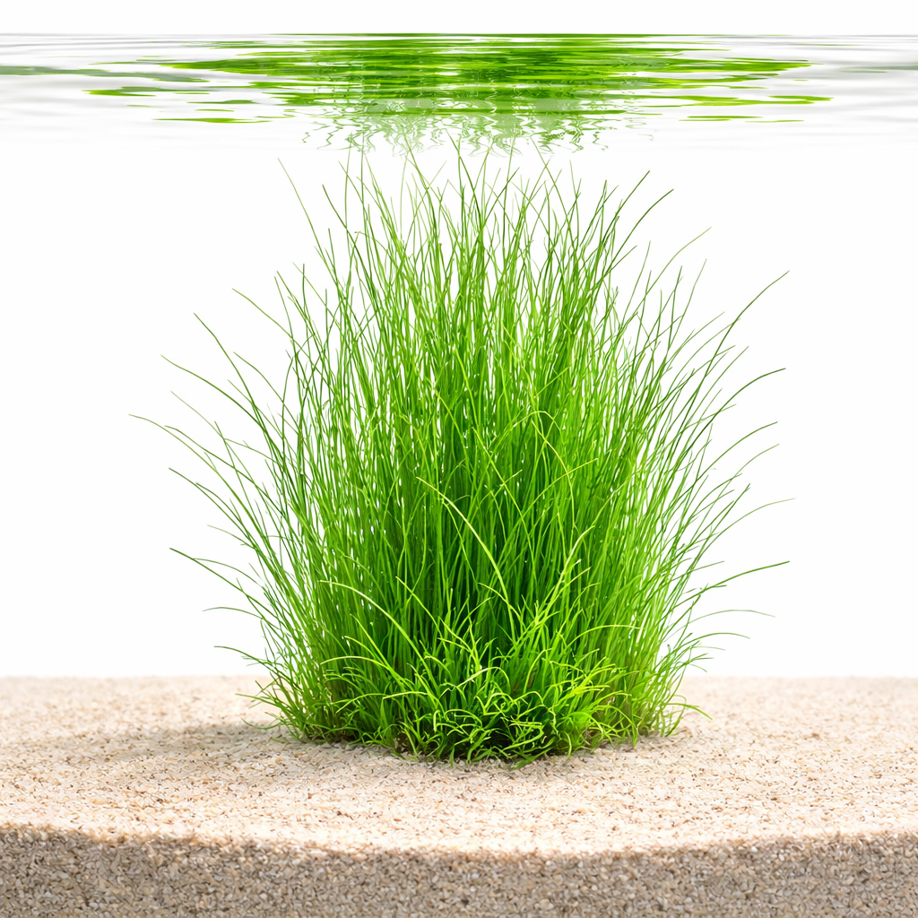 Submerged Eleocharis montevidensis giant hairgrass showing long flowing green blades planted in aquarium substrate