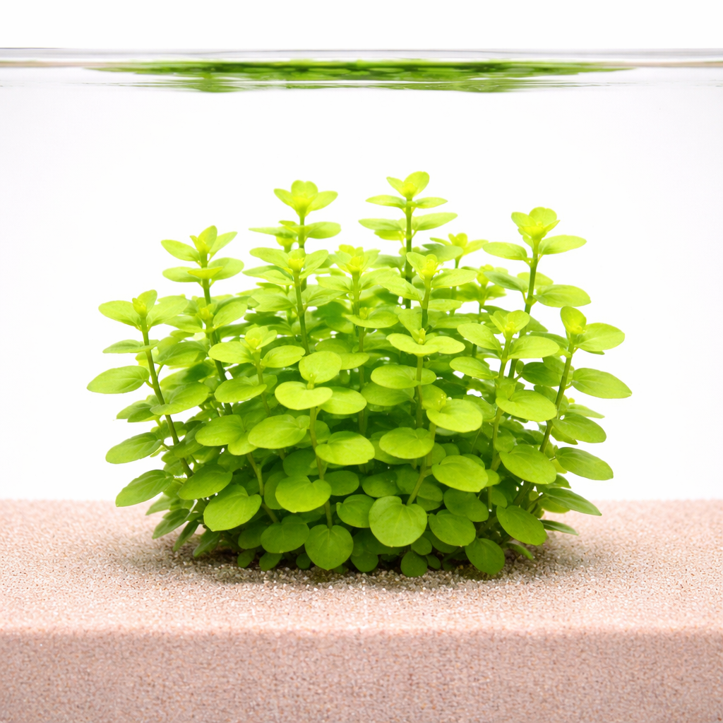 Golden Creeping Jenny (Lysimachia nummularia 'Aurea') aquarium plant with bright golden-green round leaves growing densely in sandy substrate inside a clear aquascape tank.