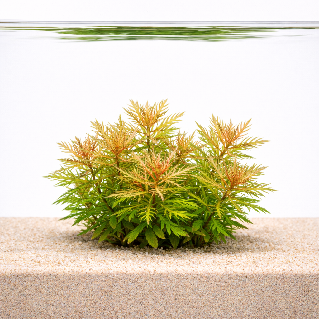 Proserpinaca palustris Mermaid Weed aquarium stem plant with serrated green and bronze leaves growing in sand substrate inside a clear aquascape tank