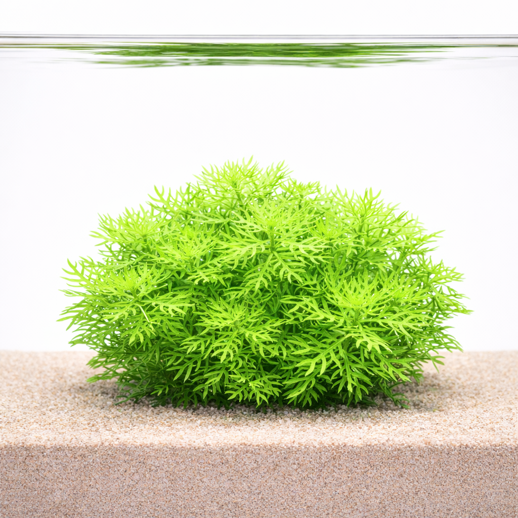 Hottonia palustris Water Violet aquarium plant with bright lime green feathery foliage forming a dense bush growing in sandy substrate inside a clear aquascape tank