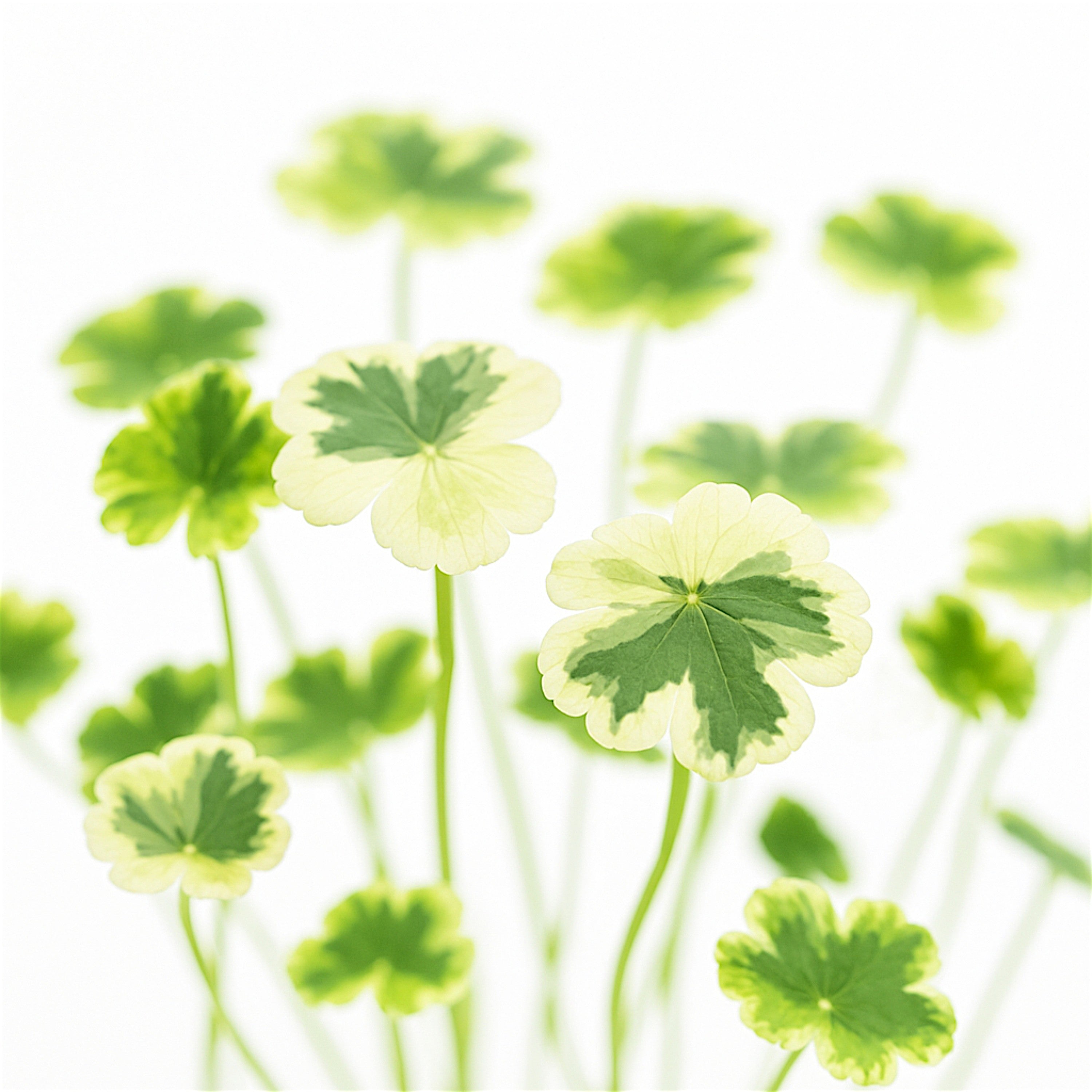Hydrocotyle ranunculoides ‘Variegated’ creeping across pond surface with bright variegation