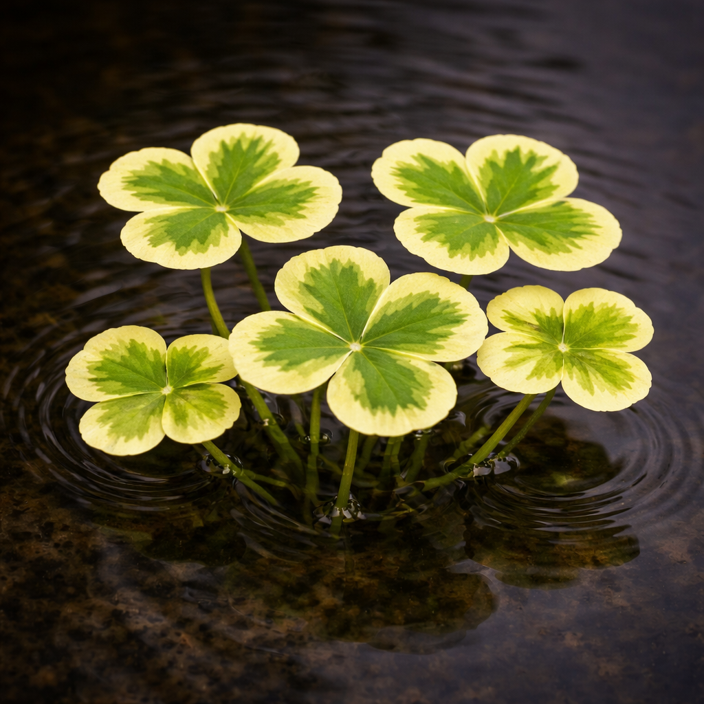 Hydrocotyle ranunculoides ‘Variegated’ floating pennywort with round green leaves edged in cream variegation floating on water surface