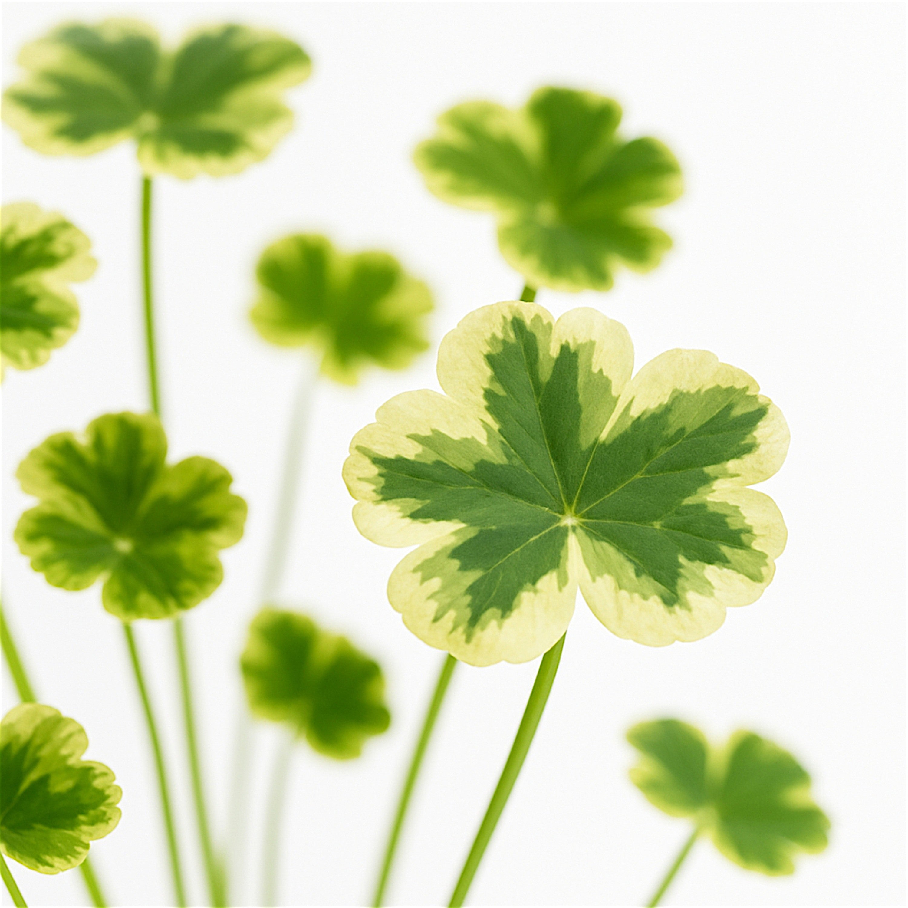 Clover-like Hydrocotyle ranunculoides ‘Variegated’ with scalloped green and white leaves floating on water
