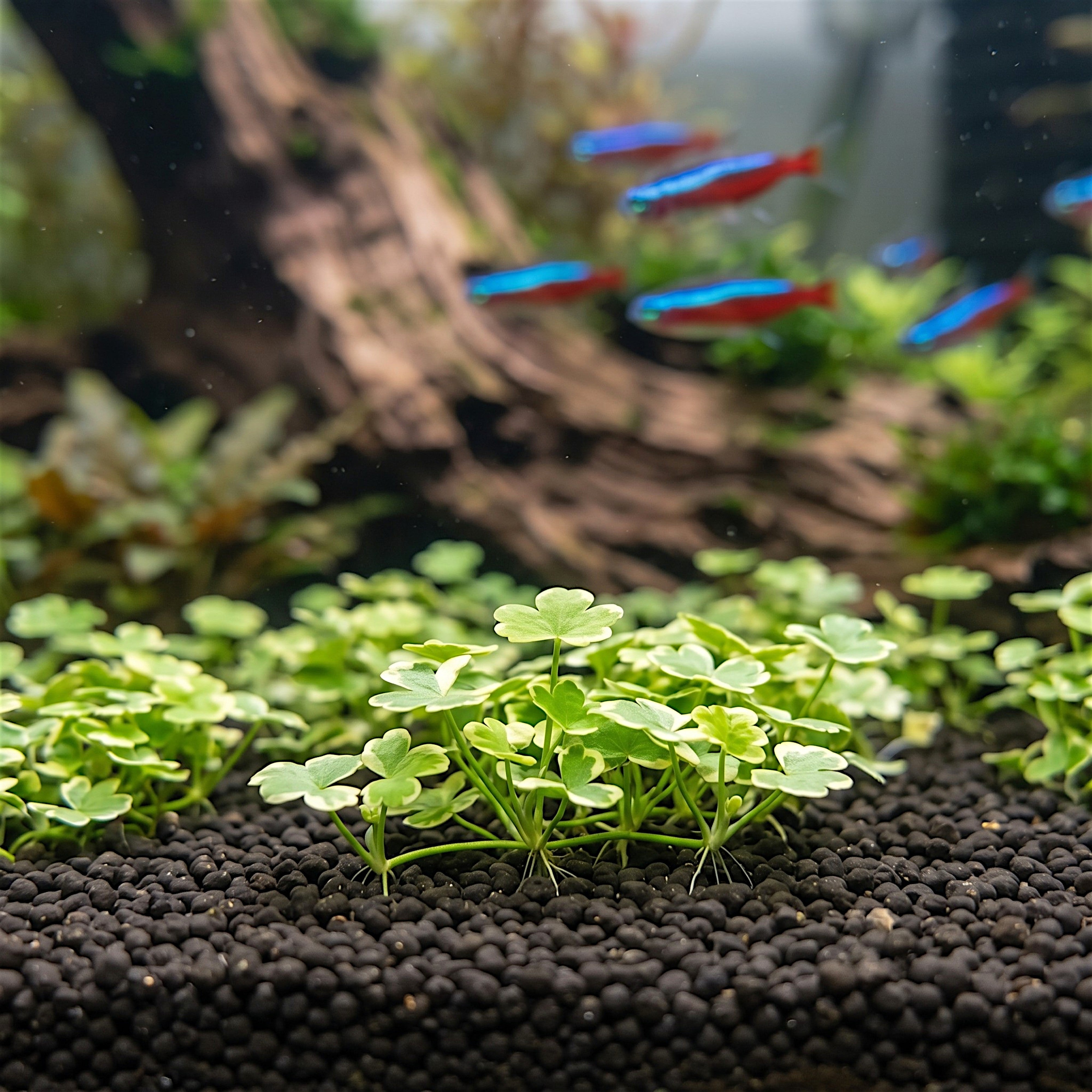 Close-up Hydrocotyle Tripartita Mini Variegated growing nicely in a planted aquarium.